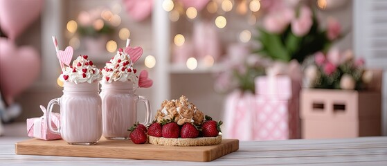 Valentine's Day milkshake with whipped cream and strawberries served on a wooden board in a pastel-colored room with flowers and gift boxes