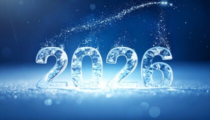 The year "2026" is strikingly formed by luminous ice numbers, positioned on a sparkling snowfield beneath a vibrant blue sky, with an elegant arc of glitter tracing above them.