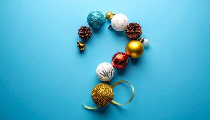 A vibrant question mark is artistically composed of sparkling blue, golden, and red Christmas ornaments along with a golden ribbon, all placed on a serene blue surface.