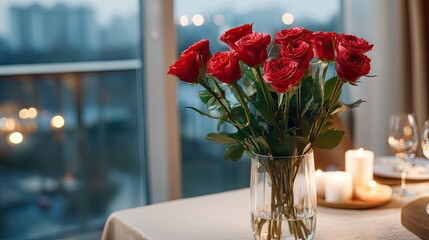 Romantic dinner scene with red roses, wine glasses, and candles in a luxury restaurant during Valentine's Day night