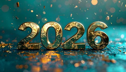 Textured golden numbers display the year 2026 on a dark teal surface, surrounded by falling golden glitter and shimmering bokeh lights, creating a magical and luxurious celebration.