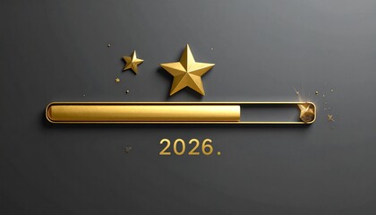 A golden progress bar, nearing completion and accompanied by the numbers 2026 and shining stars, signifies the approach of the new year with anticipation and success on a dark background.