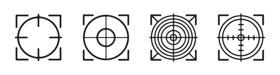 Set of four vector target icons with unique crosshair patterns, ideal for aiming and focus concepts