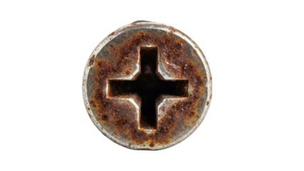Close up of a rusty Phillips head screw against a black background metal fastener