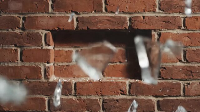 Glass Soccer Ball Shattering Against Red Brick Wall with Flying Shards 3D Render