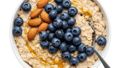 Close up of oatmeal with blueberries almonds and honey in a white bowl porridge breakfast