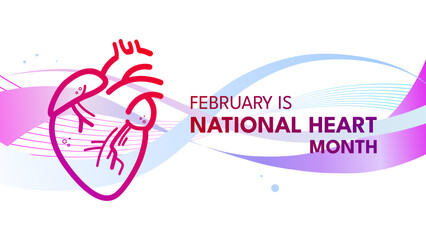 National heart month banner with anatomical heart line art and abstract purple waves, vector illustration