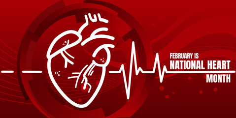 National heart month poster with anatomical heart shape and heartbeat line - banner,  vector illustration