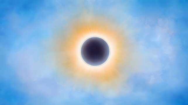 Serene solar eclipse watercolor illustration glows with golden light blue sky cosmic wonder - Powered by Adobe