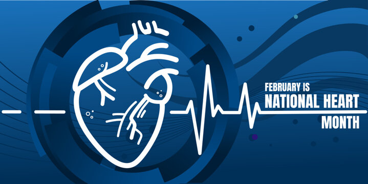 National heart month poster with anatomical heart shape and heartbeat line - banner,  vector illustration