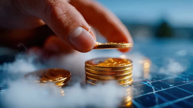 Hand placing a golden coin onto a stack surrounded by mist, symbolizing digital finance, investment growth, and wealth accumulation