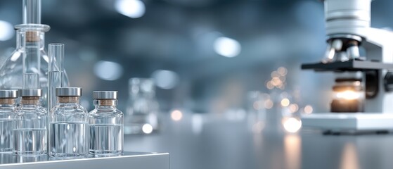 Laboratory scene with test tubes, microscope, and glass containers on a table in a research facility during daytime
