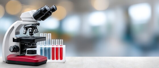 Laboratory setting with test tubes and microscope displayed on a table in a blurred background during a research session