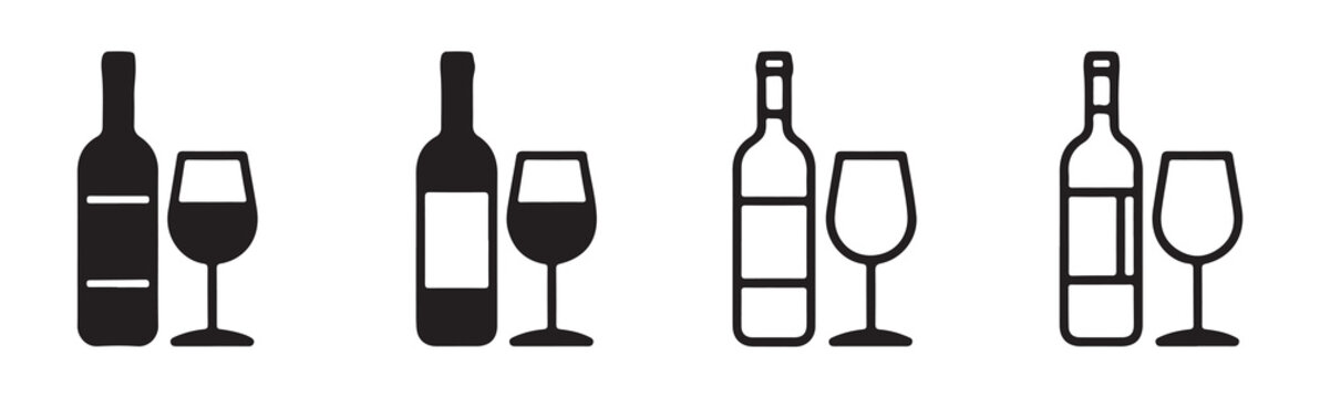 Wine bottle with label and glass silhouette vector icon set alcoholic beverage logo concept design for menu or packaging decoration