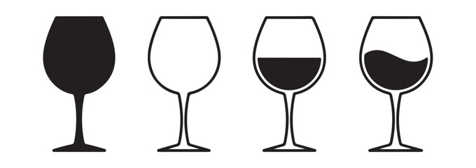Set of wine glasses icons with different fill levels and liquid waves for beverage menu and drink card decoration