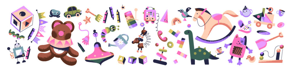 Cute set of different kids toys to play games. Funny child bricks, dolls, rocking horse, pyramid and plush teddy. Various ABC cubes for babies, stationery. Flat isolated vector illustrations on white