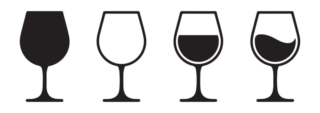 Wine glass icon set with empty full and half poured liquid versions for restaurant menu and drink tasting events