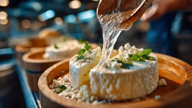 Fresh ricotta cheese being made with hot whey poured over curds in a professional dairy production environment