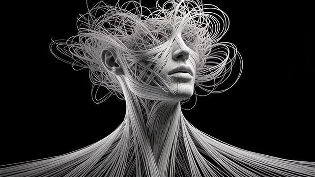 Abstract female figure woven from a multitude of white threads