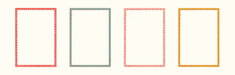 Hand Drawn xmas red, green frame set with doodle, lights, dots. Whimsical line borders for Merry Christmas, New Year, birthday, wedding, poster. Vintage minimalist vector illustration.