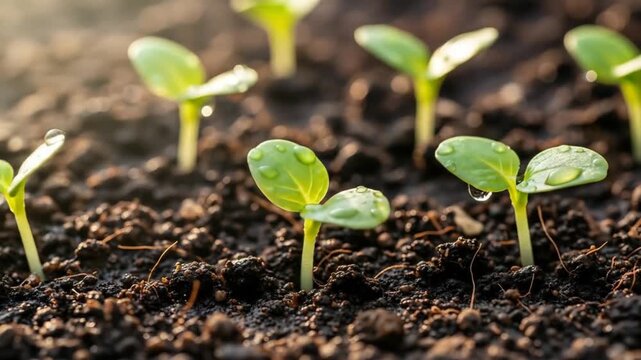 Young seedlings growing in rich soil with morning sunlight shining on their green leaves