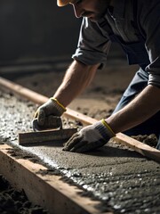 Skilled construction worker smoothing wet concrete with trowel during floor installation highlighting craftsmanship industrial labor and building expertise
