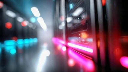 Modern data center corridor with illuminated server racks and colorful LED lights, representing cloud computing, cybersecurity, and IT infrastructure - Powered by Adobe