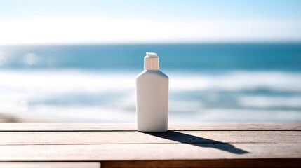 Summer beach lifestyle sunscreen bottle on wooden deck ocean view serene coastal scene stock photo