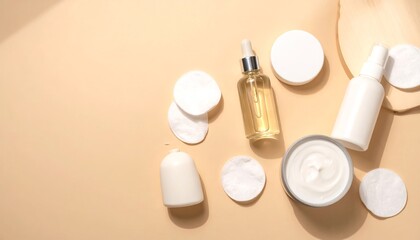Obraz premium Skincare products and cotton pads on a beige background with natural light and shadows.