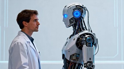 Man in lab coat with humanoid robot - Powered by Adobe
