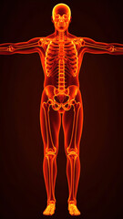 Full Body Human Skeleton X-ray Visualization in Glowing Orange on a Dark Background