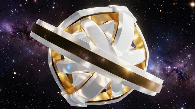 Abstract Geometric Sphere Rotating in Deep Space with White and Gold Rings 3D Render