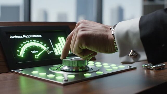 A person in a suit is adjusting a panel displaying business performance data with a dial