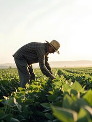 Farmer in straw hat and plaid shirt tending green crops in lush field at sunrise, showcasing agricultural labor, nature connection, and food production