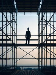 Silhouette of construction worker in hard hat standing on scaffolding at sunset, highlighting elevation, safety, and architectural complexity of building site