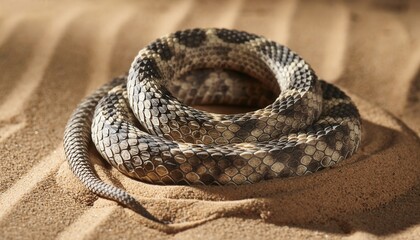 Fototapeta premium A coiled rattlesnake skin shed with a highly detailed texture rests on sandy desert ground illuminated from the side