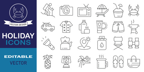 Set of holiday icons. Vector illustration in modern line style of travel related icons surfing, thanksgiving day, crab, sea, hotel, beach, etc. Simple vector illustration.