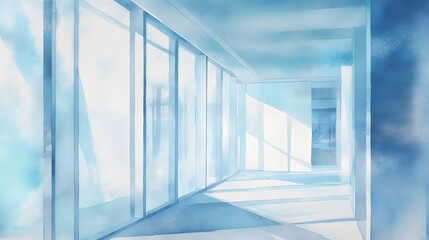 Obraz premium Serene modern office hallway watercolor illustration evokes calm open space design concept