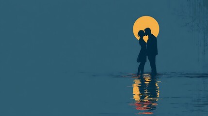 A romantic silhouette of a couple embracing and kissing intimately while standing in serene water under a large, glowing yellow moon.