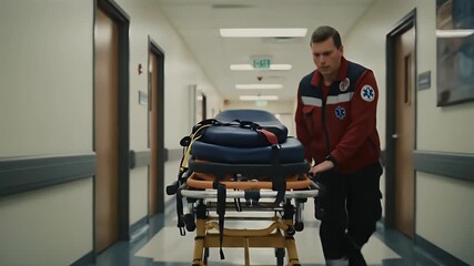 Emergency medical technician pushes empty gurney down hospital hallway