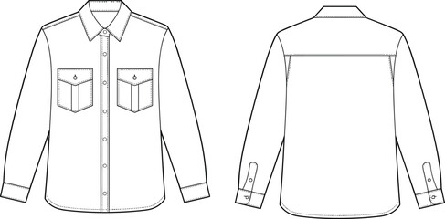 Blank Long Sleeve Button Down Shirt with Pockets and Basic T-Shirt Set Vector Technical Flat Sketch Template for Fashion Design CAD © Shafiqul