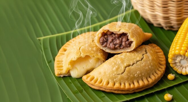Golden Crispy Costa Rican Corn Empanadas Served in Banana Leaf with Steaming Filling and Negative Space on Rustic Background
