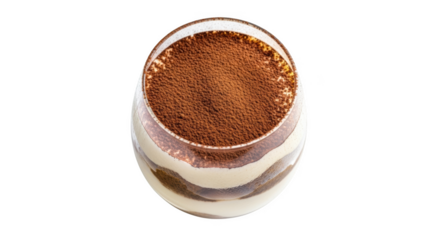 Tiramisu dessert in a clear glass with cocoa powder dusting on top against a black background sweet food