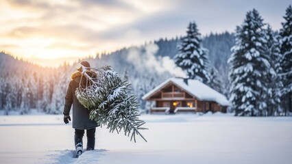 Person carrying Christmas tree through snowy winter landscape