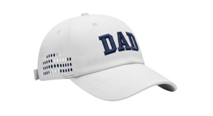 White baseball cap with navy blue embroidered D A D text and perforated side panel father