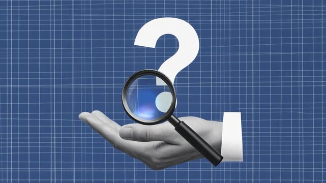 Magnifying glass over large white question mark held in open hand on blue grid background asking clue