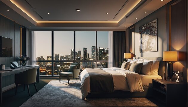 A contemporary luxurious bedroom with a grand window overlooking a vibrant illuminated city skyline at night