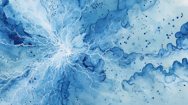 Blue Watercolor Abstract Painting with White Lightning Branch Patterns and Ink Splatter for Artistic Background and Creative Design Projects