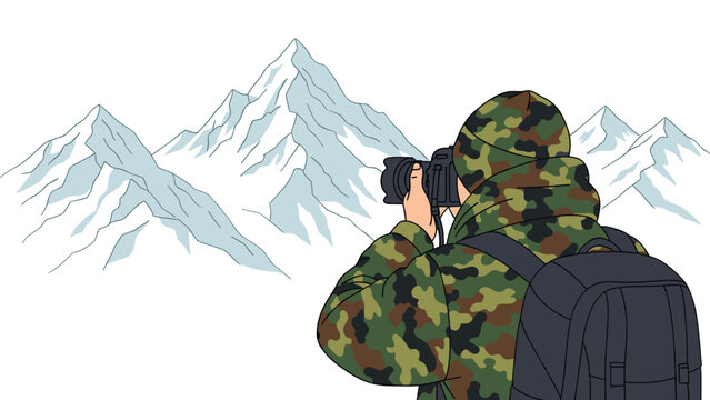 Photographer in camouflage gear with a backpack capturing a majestic view of snowy mountains, highlighting outdoor adventure and wildlife photography in rugged terrain. - Powered by Adobe