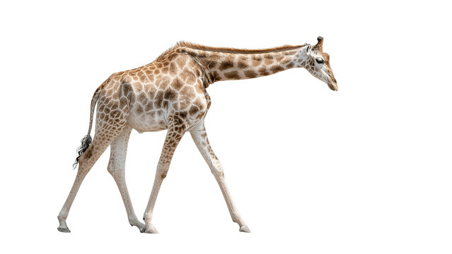 An elegant giraffe walks gracefully, showcasing its long neck and unique coat patterns on a transparent background.